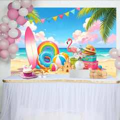 Lofaris Toile de fond de photographie plage estivale avec flamant rose et palmiers, magnifique décor tropical pour vacances et studio photo
