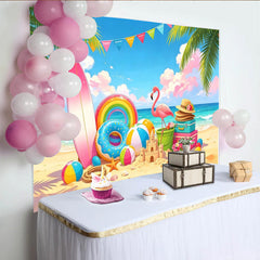 Lofaris Toile de fond de photographie plage estivale avec flamant rose et palmiers, magnifique décor tropical pour vacances et studio photo