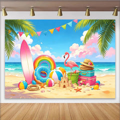 Lofaris Toile de fond de photographie plage estivale avec flamant rose et palmiers, magnifique décor tropical pour vacances et studio photo