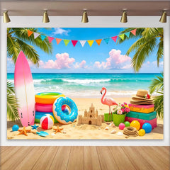 Lofaris Toile de fond de photographie plage estivale surf flamant rose, magnifique arrière-plan tropical pour studio photo et fête d'été