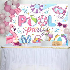 Lofaris Toile de fond pour anniversaire piscine avec flamant rose et ballons, décor de fête d'été coloré pour séance photo