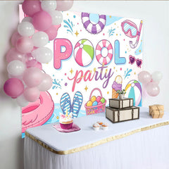 Lofaris Toile de fond pour anniversaire piscine avec flamant rose et ballons, décor de fête d'été coloré pour séance photo