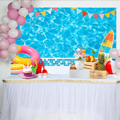 Lofaris Toile de fond de photographie piscine estivale avec drapeaux colorés et fruits tropicaux, décor pour fête d'été et studio photo