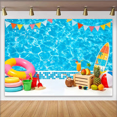 Lofaris Toile de fond de photographie piscine estivale avec drapeaux colorés et fruits tropicaux, décor pour fête d'été et studio photo