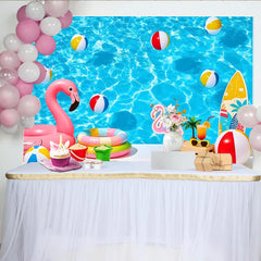 Lofaris Toile de fond de photographie piscine estivale avec flamant rose et ballons de plage, d'eau bleue tropicale pour studio photo
