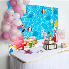 Lofaris Toile de fond de photographie piscine estivale avec flamant rose et ballons de plage, d'eau bleue tropicale pour studio photo