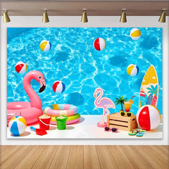 Lofaris Toile de fond de photographie piscine estivale avec flamant rose et ballons de plage, d'eau bleue tropicale pour studio photo