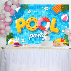 Lofaris Toile de fond pour fête à la piscine estivale avec parasol et bouées, décor aquatique pour célébration d'été et studio photo