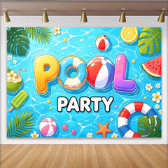 Lofaris Toile de fond pour fête à la piscine avec ballons et fruits d'été, décor rafraîchissant pour ambiance estivale et photos