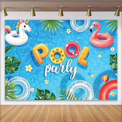 Lofaris Toile de fond joyeuse fête de piscine avec licorne et flamant rose, décor estival tropical pour studio photo et célébration