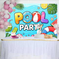 Lofaris Toile de fond pour anniversaire thème piscine estivale avec ballons et fruits tropicaux, décor de fête pour studio photo