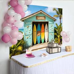 Lofaris Toile de fond photographie estivale cabane de plage et surf, décor tropical pour studio photo ou ambiance de vacances