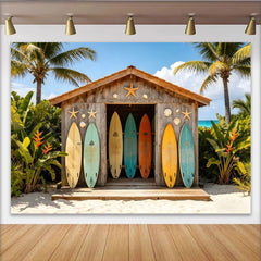 Lofaris Toile de fond de photographie plage et surf avec cabane en bois et palmiers, magnifique arrière-plan tropical pour studio photo