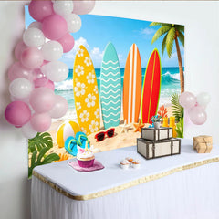 Lofaris Toile de fond de photographie plage d'été avec planches de surf, magnifique arrière-plan tropical pour studio photo