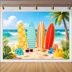 Lofaris Toile de fond de photographie plage d'été avec planches de surf, magnifique arrière-plan tropical pour studio photo