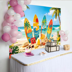 Lofaris Toile de fond de photographie plage tropicale avec planches de surf et palmiers, arrière-plan estival pour studio photo et fêtes