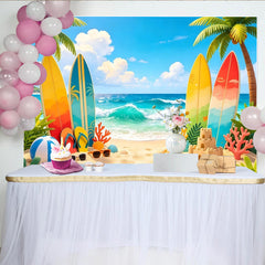 Lofaris Toile de fond de photographie plage tropicale avec planches de surf, arrière-plan estival pour studio photo et décoration de fête