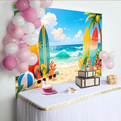 Lofaris Toile de fond de photographie plage tropicale avec planches de surf, arrière-plan estival pour studio photo et décoration de fête