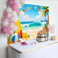 Lofaris Toile de fond de photographie plage estivale avec palmiers et vagues, magnifique décor de fête tropicale pour studio photo
