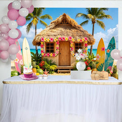 Lofaris Toile de fond de photographie plage tropicale avec cabane et palmiers, arrière-plan estival coloré pour studio photo et fête hawaïenne