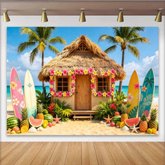 Lofaris Toile de fond de photographie plage tropicale avec cabane et palmiers, arrière-plan estival coloré pour studio photo et fête hawaïenne