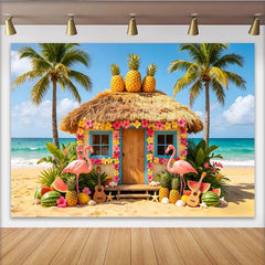 Lofaris Toile de fond de photographie tropicale avec flamants roses et ananas, décor de plage pour fête d'été et studio photo