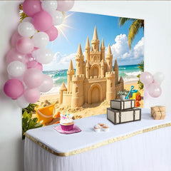 Lofaris Toile de fond de photographie de plage ensoleillée avec château de sable, magnifique décor d'été pour studio photo et vacances