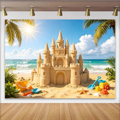 Lofaris Toile de fond de photographie de plage ensoleillée avec château de sable, magnifique décor d'été pour studio photo et vacances