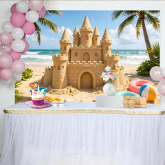 Lofaris Toile de fond de photographie scène de plage avec château de sable et palmiers, arrière-plan estival pour enfants et famille