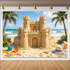 Lofaris Toile de fond plage d'été château de sable et palmiers, arrière-plan décoratif pour studio photo et vacances