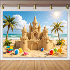 Lofaris Toile de fond de photographie plage tropicale avec château de sable, magnifique arrière-plan d'été pour studio photo et vacances