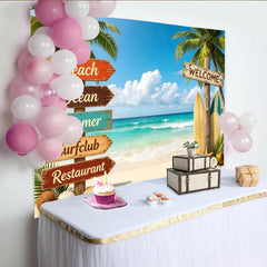 Lofaris Toile de fond de photographie plage tropicale avec palmiers et océan turquoise, décor estival avec planches de surf pour séance photo