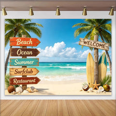 Lofaris Toile de fond de photographie plage tropicale avec palmiers et océan turquoise, décor estival avec planches de surf pour séance photo