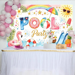 Lofaris Toile de fond pour anniversaire piscine avec flamant rose et toboggan, décor d'ambiance tropicale et estivale pour fête