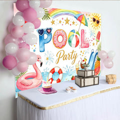 Lofaris Toile de fond pour anniversaire piscine avec flamant rose et toboggan, décor d'ambiance tropicale et estivale pour fête