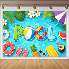 Lofaris Toile de fond de photographie piscine estivale avec bouée et ballon de plage, arrière-plan coloré pour fête d'été et studio photo