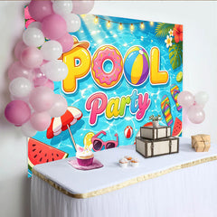 Lofaris Toile de fond pour fête à la piscine tropicale avec ballons et pastèque, décor estival vibrant pour célébration et photomaton
