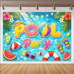Lofaris Toile de fond pour fête à la piscine tropicale avec ballons et pastèque, décor estival vibrant pour célébration et photomaton