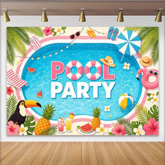 Lofaris Toile de fond anniversaire piscine tropicale avec flamant rose et ananas, décor de fête estivale pour studio photo