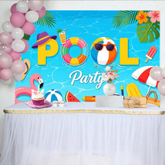 Lofaris Toile de fond d'été pour piscine avec flamant rose et ballons, magnifique décor de fête tropicale pour studio photo