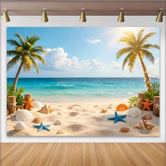 Lofaris Toile de fond de plage tropicale avec palmiers et coquillages, arrière-plan estival océan turquoise pour photographie