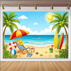 Lofaris Toile de fond de plage ensoleillée avec palmiers et océan, décor de surf pour studio photo et fête d'été