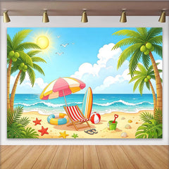 Lofaris Toile de fond de photographie de plage ensoleillée avec palmiers et océan, arrière-plan estival pour studio photo et décoration de fête