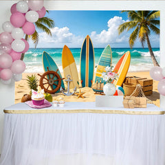 Lofaris Toile de fond de photographie plage et surf avec palmiers et vagues, arrière-plan tropical estival pour studio photo et fête d'été