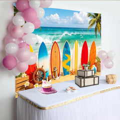 Lofaris Toile de fond de photographie de plage tropicale avec planches de surf et palmiers, d'été vibrant pour studio photo ou événement