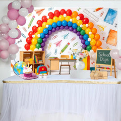 Lofaris Toile de fond rentrée scolaire arc-en-ciel ballons et fournitures, arrière-plan thème salle de classe pour studio photo et décoration