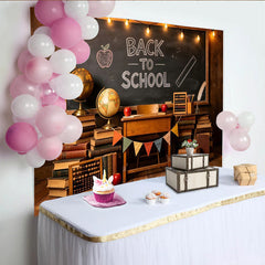 Lofaris Toile de fond pour la rentrée scolaire tableau noir et livres anciens, décor rustique avec globes et pommes pour studio photo