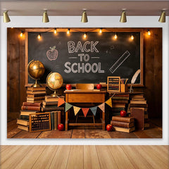 Lofaris Toile de fond pour la rentrée scolaire tableau noir et livres anciens, décor rustique avec globes et pommes pour studio photo