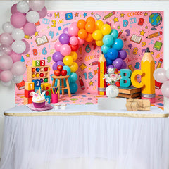 Lofaris Toile de fond pour la rentrée scolaire rose avec ballons arc-en-ciel et éléments éducatifs, de photographie pour enfants