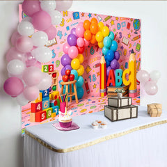 Lofaris Toile de fond pour la rentrée scolaire rose avec ballons arc-en-ciel et éléments éducatifs, de photographie pour enfants